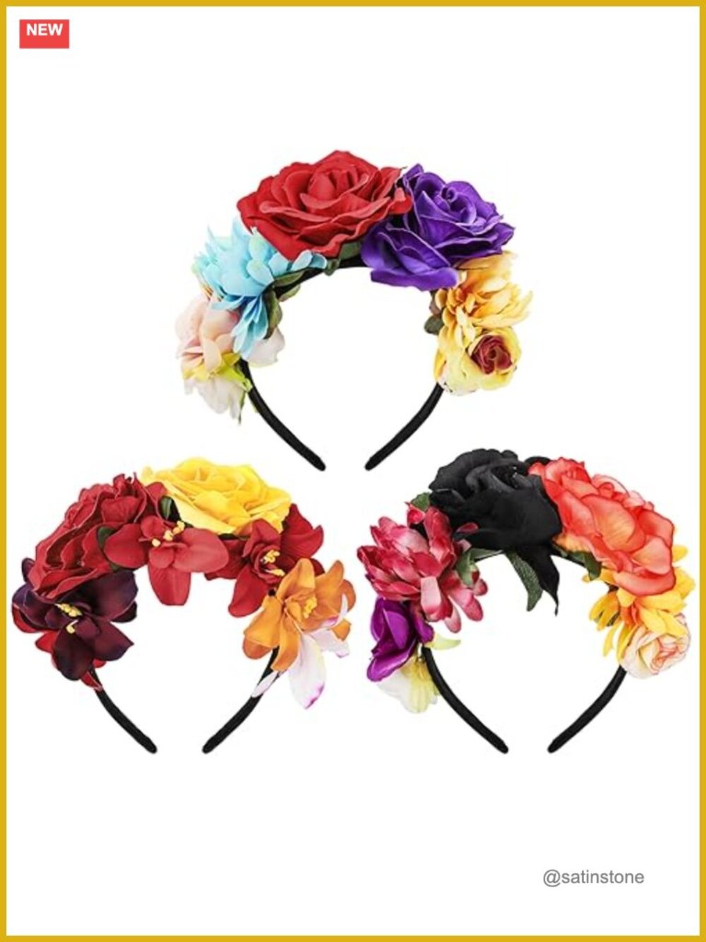 3 Pack Mexican Rose Flower Crown Headbands Fabric Velvet Lined Costume